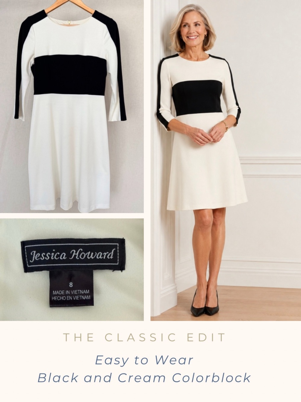 Colorblock Ponte Knit A-Line Dress | Black & Ivory | 3/4 Sleeve Classic